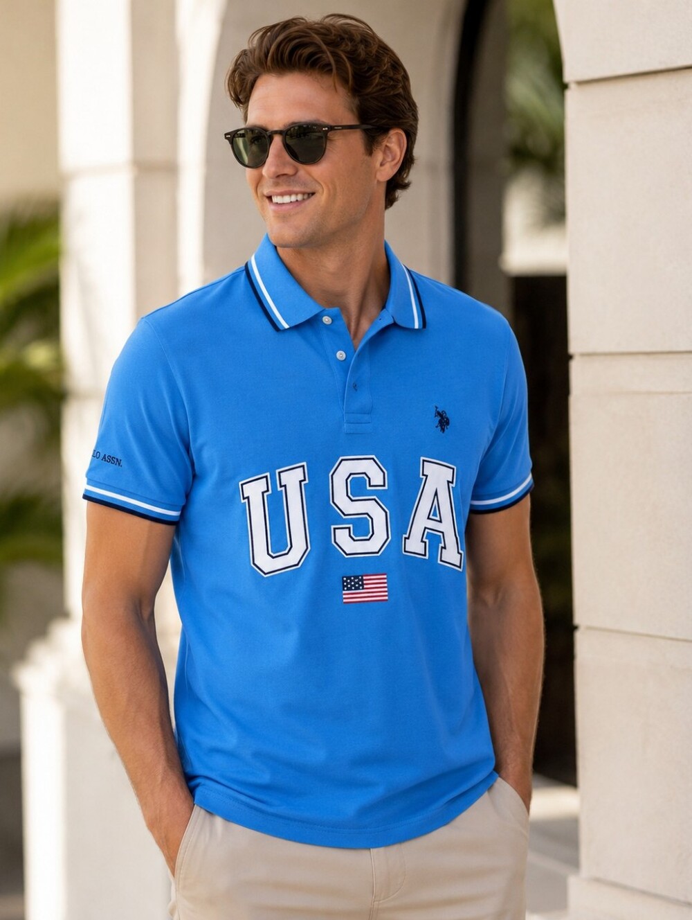 Sky Blue Polo with USA Logo and White Trim.   99